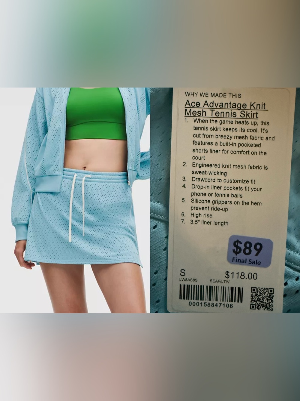 lululemon athletica Light Blue Ace Advantage Mesh Tennis Skirt $118